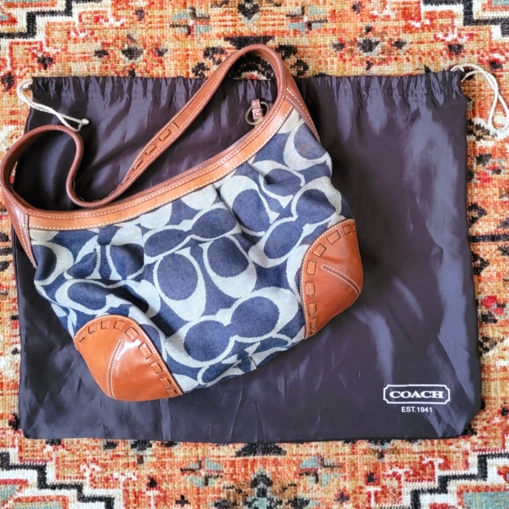 Coach Signature Ergo 12748 Denim Brown Leather Shoulder Handbag Purse